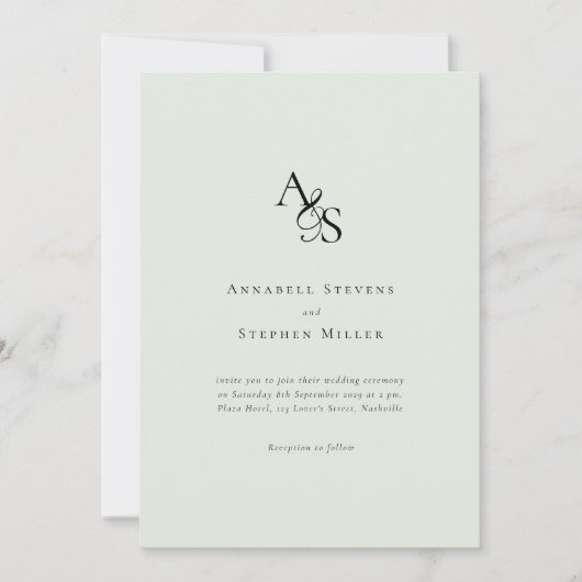 Invitation Élégant, Classique, Monogramme, Vert clair, Mariag (Devant)