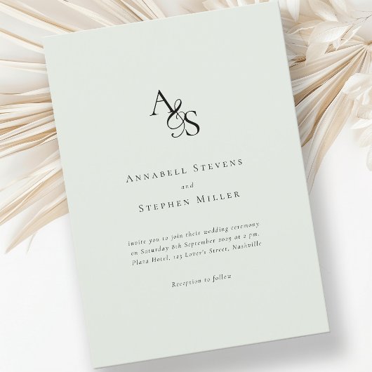 Invitation Élégant, Classique, Monogramme, Vert clair, Mariag