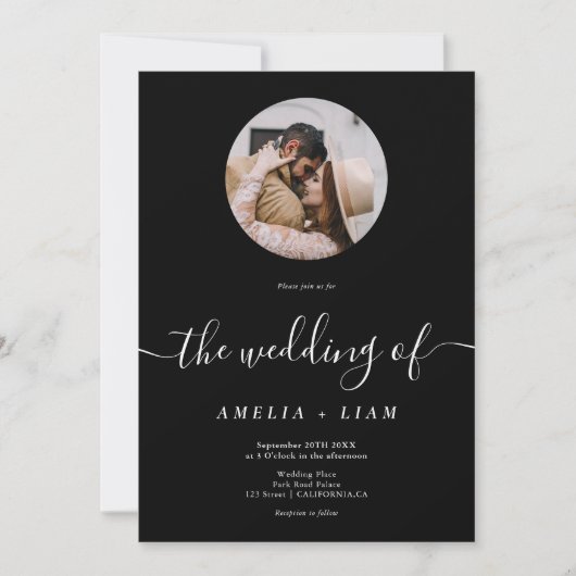 Invitation Élégant classique noir blanc script photo mariage (Devant)
