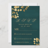 Invitation Elégant classique vert foncé d'or eucalyptus RSVP (Devant)