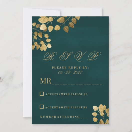 Invitation Elégant classique vert foncé d'or eucalyptus RSVP (Devant)