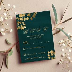 Invitation Elégant classique vert foncé d'or eucalyptus RSVP
