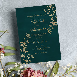 Invitation Élégant classique vert foncé mariage floral or
