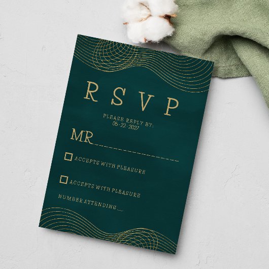Invitation Elégant classique vert foncé or géométrique RSVP
