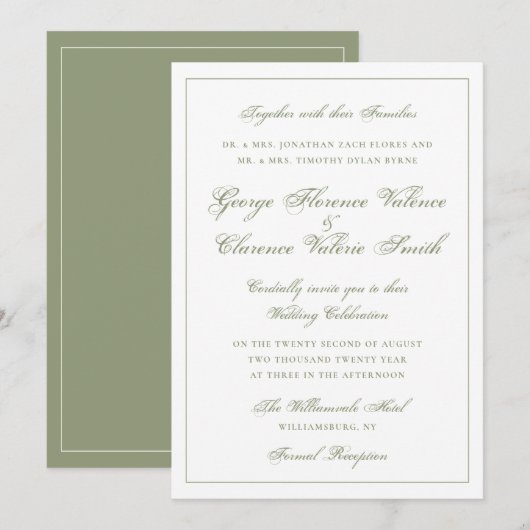 Invitation Élégant Classique Vert Mousse Calligraphie Mariage (Devant / Derrière)