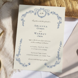 Invitation Élégant Classique Vintage Bleu Monogramme Mariage 