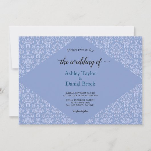 Invitation Élégant Classy Blue Damask Script Mariage officiel (Devant)