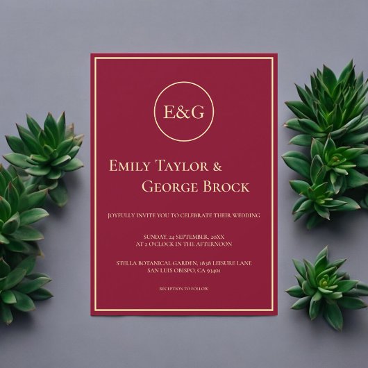 Invitation Élégant Classy Bourgogne Or Monogramme Chic Mariag