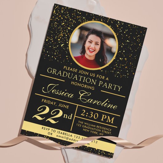 Invitation Élégant Classy Graduation Golden sparkles 2 Photos