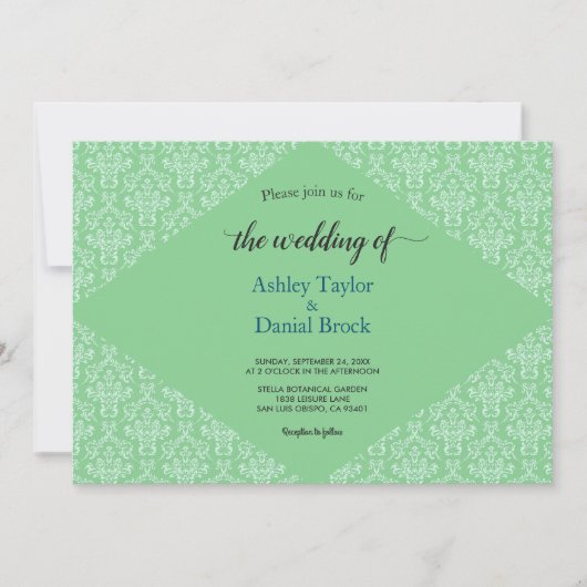 Invitation Élégant Classy Green Damask Script Mariage officie (Devant)