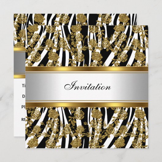 Invitation Elegant Classy Or Black Zebra Floral (Devant / Derrière)