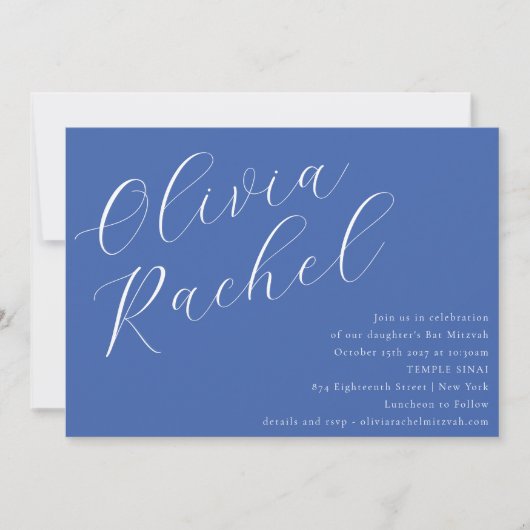 Invitation Élégant Cobalt Bleu Script Bat mitzvah minimal (Devant)