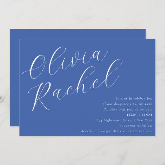 Invitation Élégant Cobalt Bleu Script Bat mitzvah minimal (Devant / Derrière)