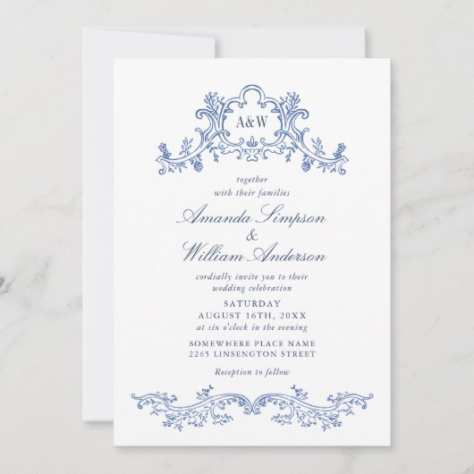 Invitation Elégant code QR baroque Dusty Blue Classy Mariage (Devant)
