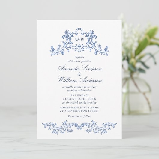 Invitation Elégant code QR baroque Dusty Blue Classy Mariage (Debout devant)