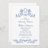Invitation Elégant code QR baroque Dusty Blue Classy Mariage (Devant / Derrière)
