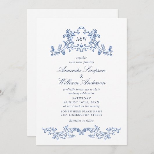 Invitation Elégant code QR baroque Dusty Blue Classy Mariage (Devant / Derrière)