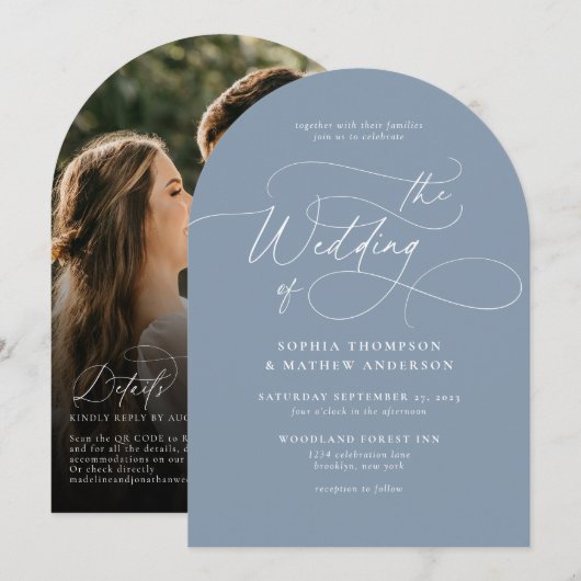 Invitation Élégant Code QR Bleu Poussiéreux Arche de Mariage (Devant / Derrière)