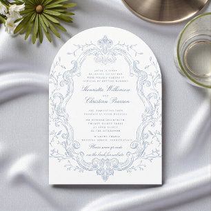 Invitation Élégant Code QR de Cadre Floral Bleu Mariage