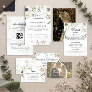 Invitation Élégant Code QR de Fleurs de Verdure Blanches pour
