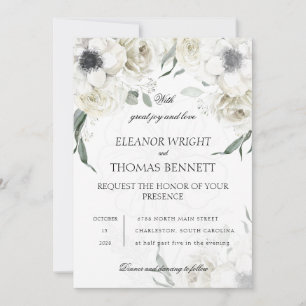 Invitation Élégant Code QR de Fleurs de Verdure Blanches pour