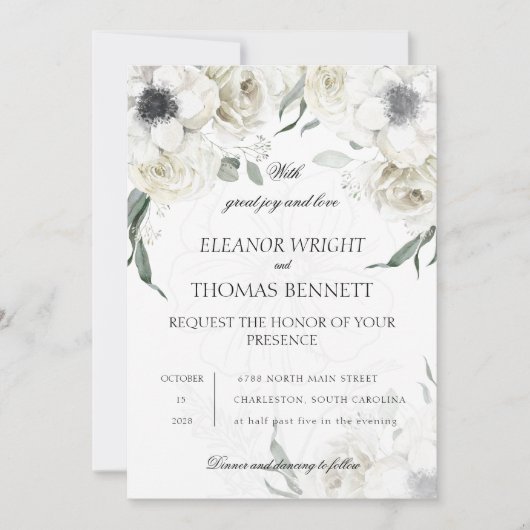 Invitation Élégant Code QR de Fleurs de Verdure Blanches pour (Devant)