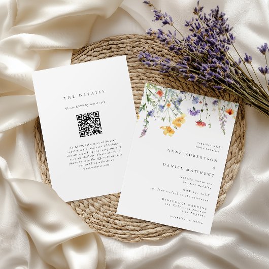 Invitation Élégant Code QR de Fleurs Sauvages pour Mariage Mi
