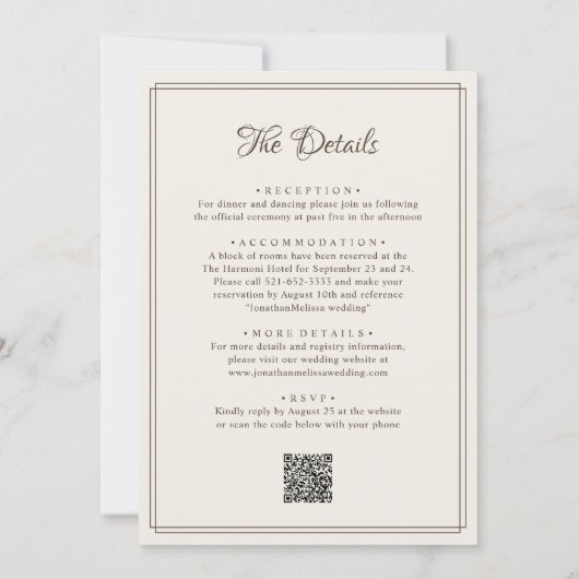 Invitation Élégant code QR de frontière beige tout en un Mari (Dos)