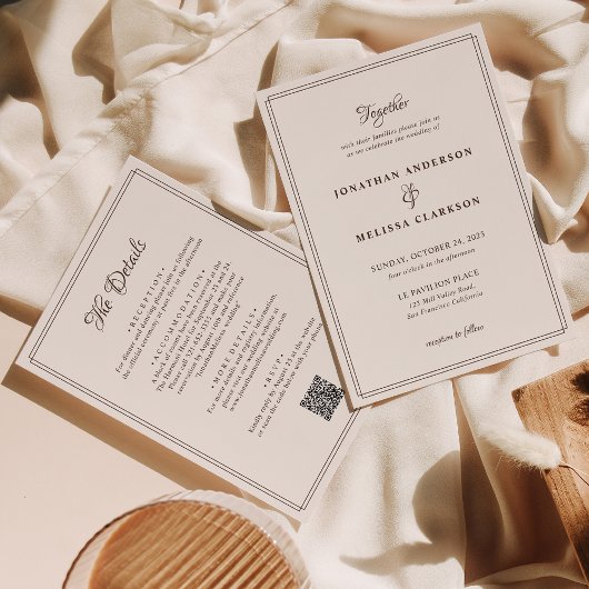 Invitation Élégant code QR de frontière beige tout en un Mari
