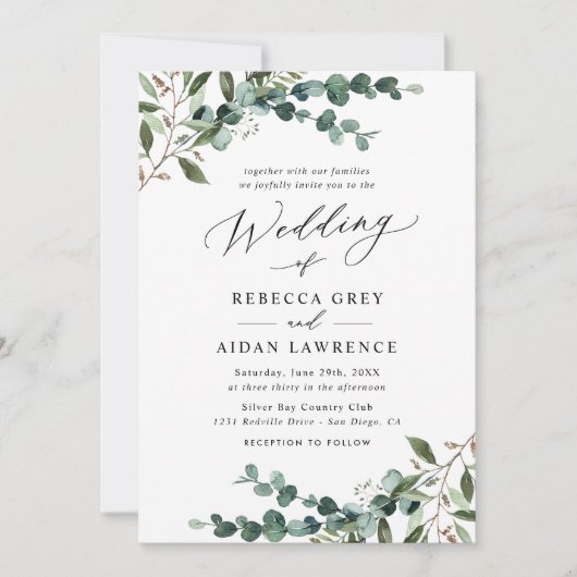 Invitation Élégant Code QR de la verdure Mariage tout-en-un (Devant)