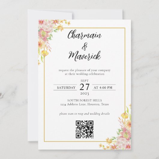 Invitation Élégant Code QR de Mariage à Bordure Fleurie Dorée (Dos)
