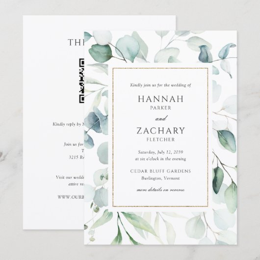 Invitation Élégant Code QR de Mariage à l'Aquarelle Verte (Devant / Derrière)