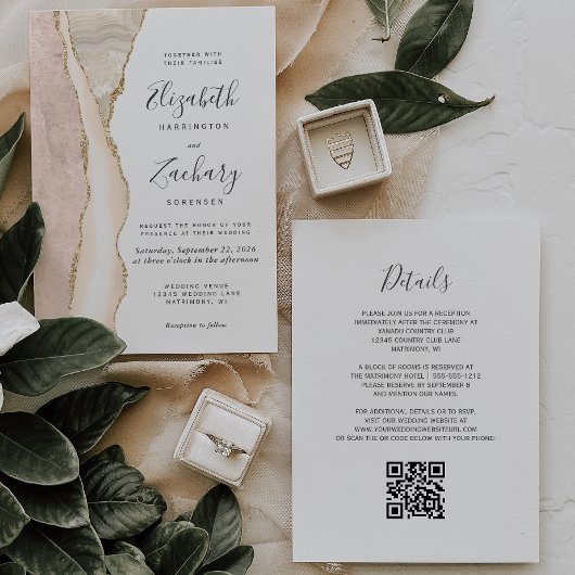 Invitation Élégant Code QR de mariage Agate Or Ivoire