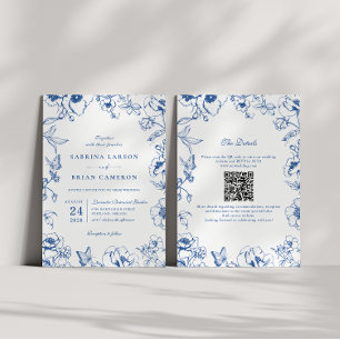 Invitation Élégant code QR de mariage de jardin floral bleu r