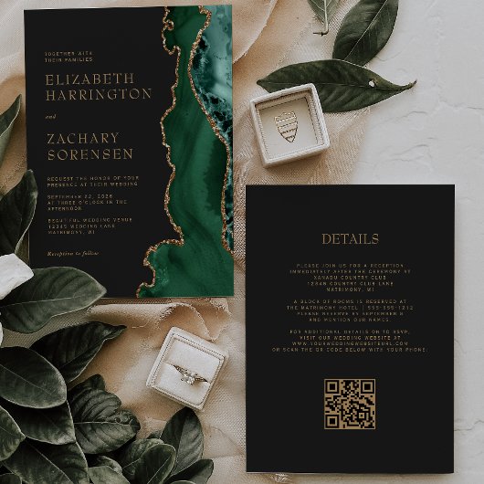 Invitation Élégant Code QR de Mariage en Or avec Agate Vert É