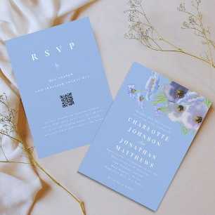 Invitation Élégant Code QR de mariage floral bleu à l'aquarel