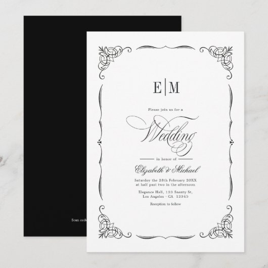 Invitation Élégant Code QR de Mariage Noir & Blanc Monogrammé (Devant / Derrière)