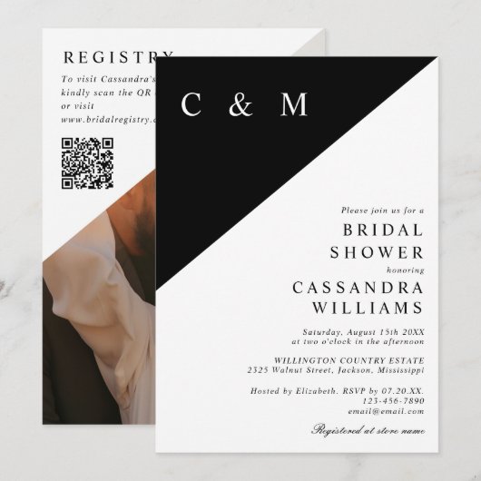 Invitation Élégant Code QR de Photo de Monogramme Shower de M (Devant / Derrière)