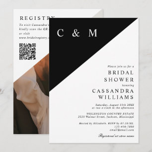 Invitation Élégant Code QR de Photo de Monogramme Shower de M