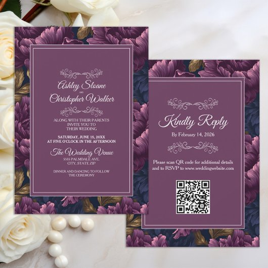 Invitation Élégant code QR de réponse florale Bourgogne pour