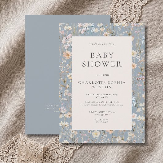 Invitation Élégant Code QR Fleur Sauvage Bleu Poussiéreux Bab
