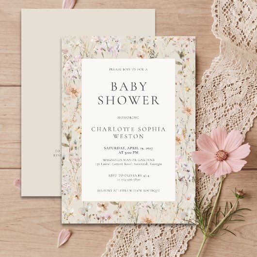 Invitation Élégant Code QR Fleur Sauvage Shower Bébé Beige