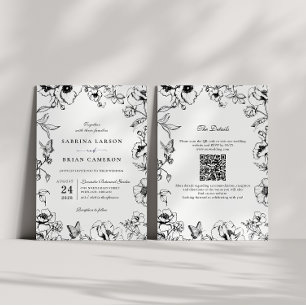 Invitation Élégant Code QR Fleurs Mariage Noir et Blanc