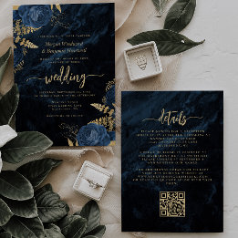 Invitation Élégant Code QR Floral Bleu Marine Or Mariage
