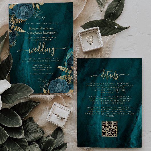 Invitation Élégant Code QR Floral Bleu Sarcelle et Or pour Ma