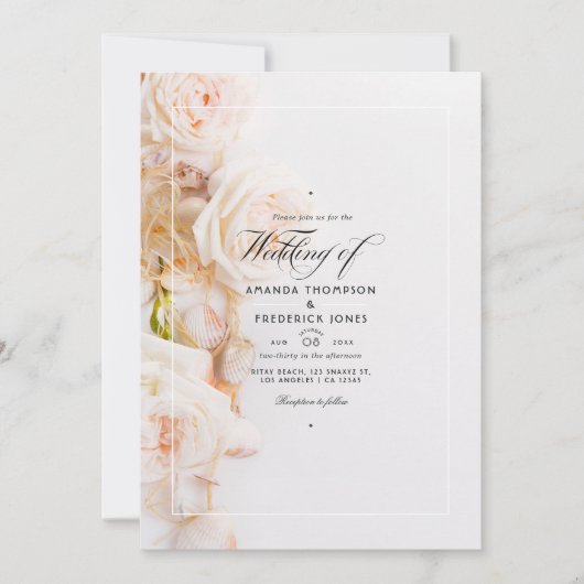 Invitation Elégant code QR floral RSVP Beach Wedding (Devant)