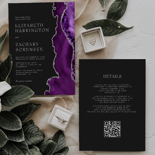 Invitation Élégant Code QR Mariage Argent Agate Violet Foncé