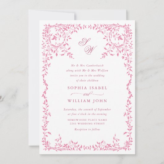 Invitation Élégant code QR Mariage de cadre Floral Ornate fra (Devant)