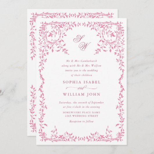 Invitation Élégant code QR Mariage de cadre Floral Ornate fra (Devant / Derrière)