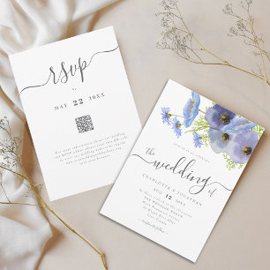 Invitation Élégant Code QR Mariage Floral Bohème Bleu